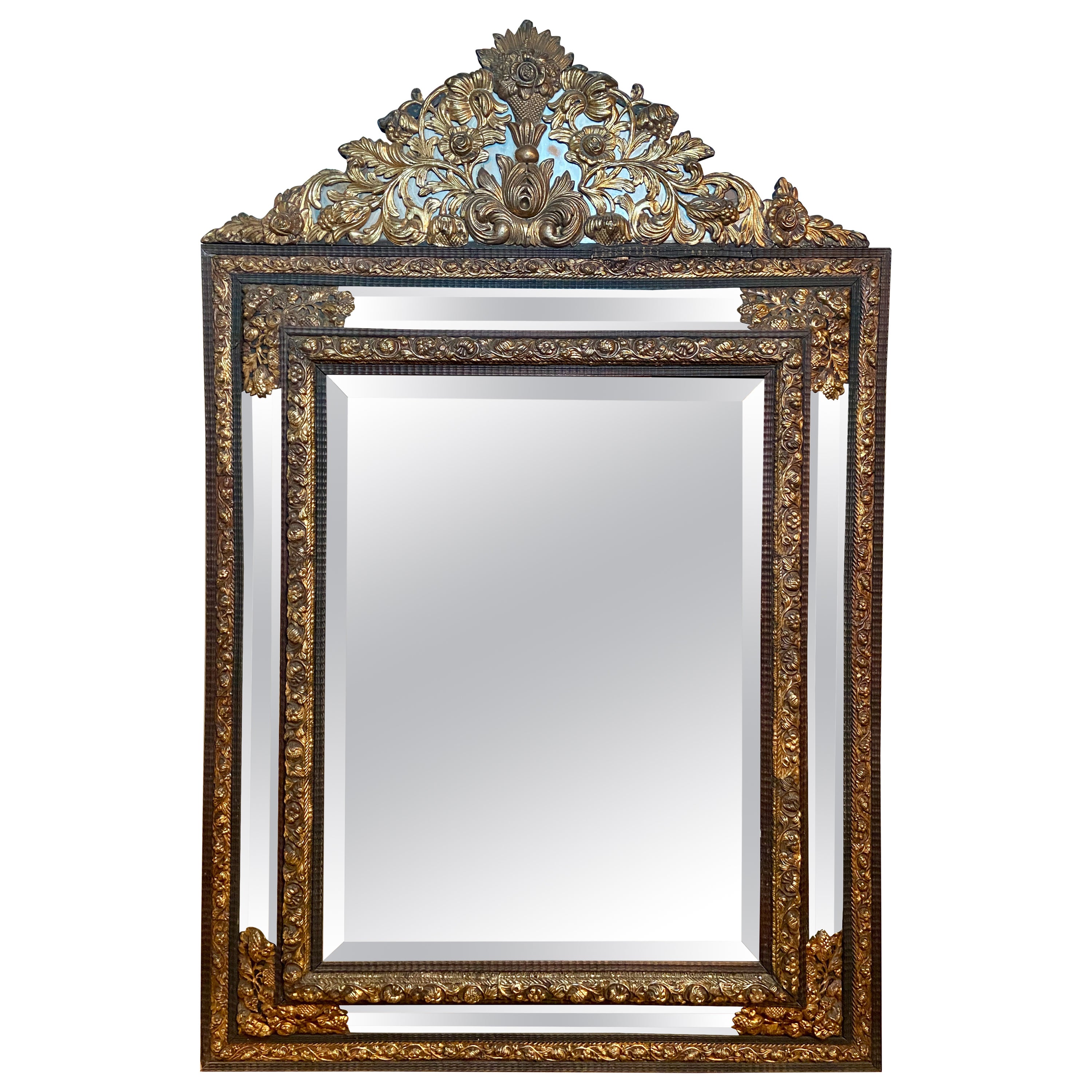 Antique French Brass Repoussé Paneled Mirror with Beveling, Circa 1860