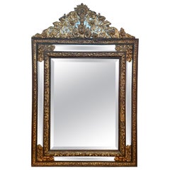 Ancien miroir français à panneaux répétés en laiton avec perles, vers 1860