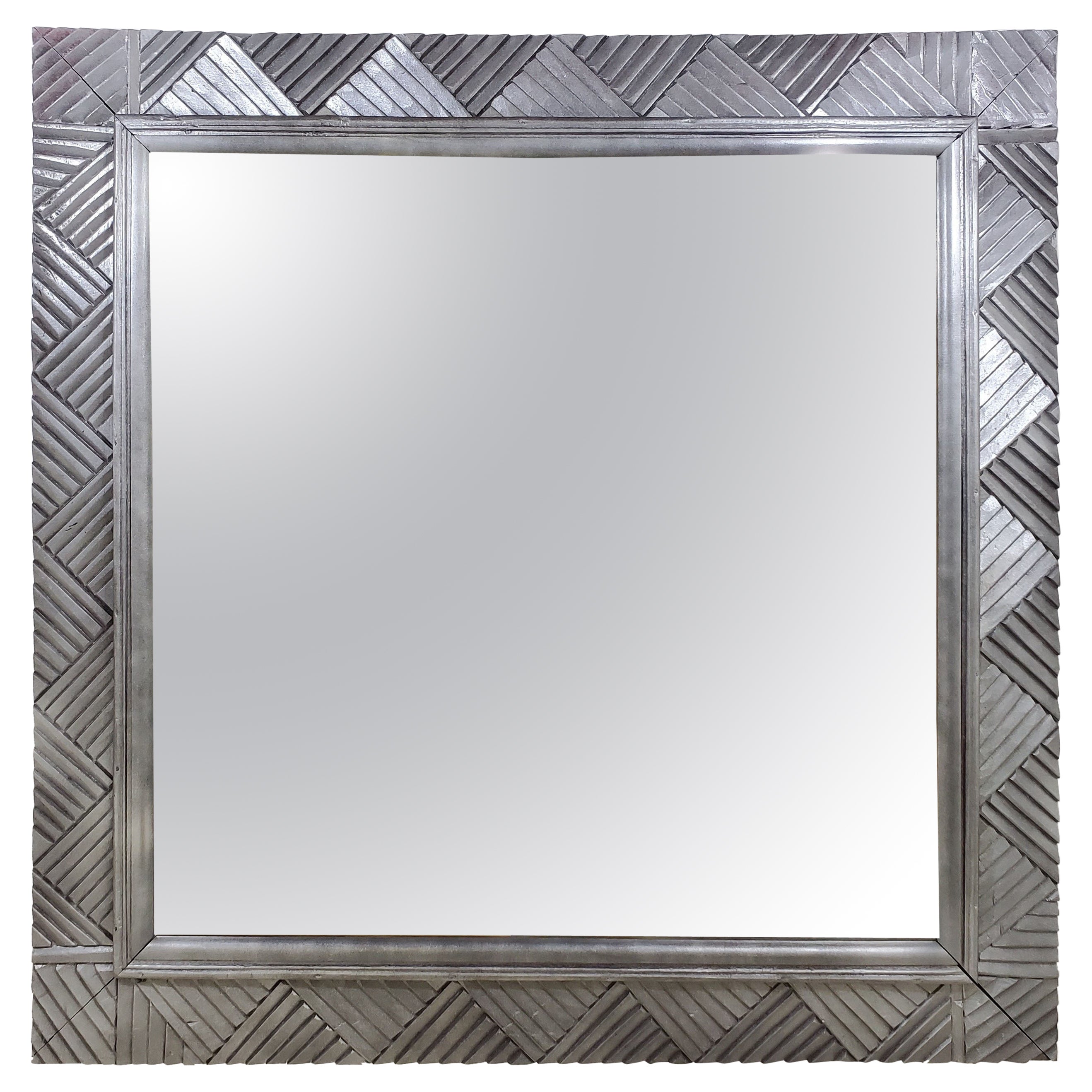 Large Square, Carved Silvered Wood Mirror For Sale