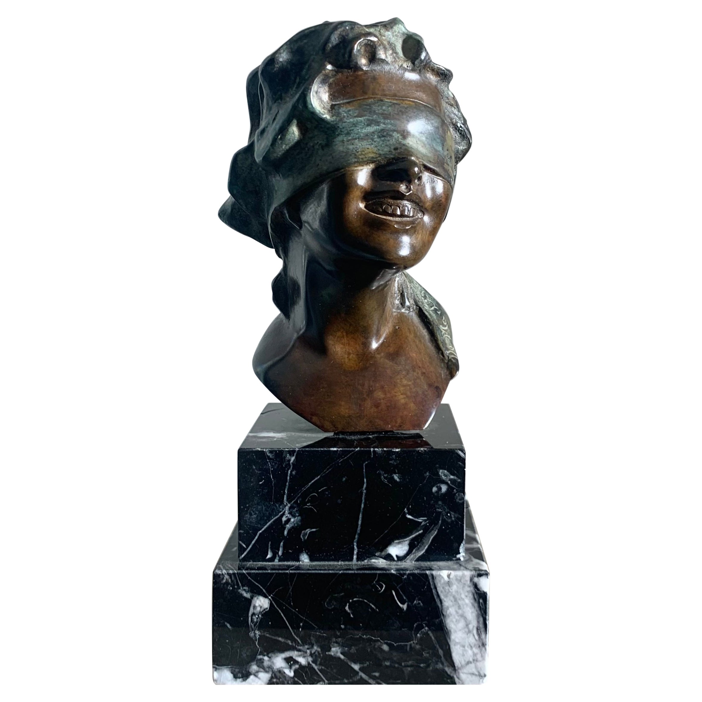Vintage Italian Cast Bronze and Marble Sculpture of Blindfolded Goddess, 1960s For Sale