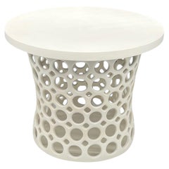 White Wheel Thrown Pierced Ceramic Side Table with Quartz Top