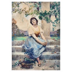 Giacomo Favretto Watercolor on Paper of a Woman in a Garden