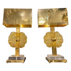 Retro Pair of Italian Table Lamps in Brass & Amber Murano Glass, circa 1980