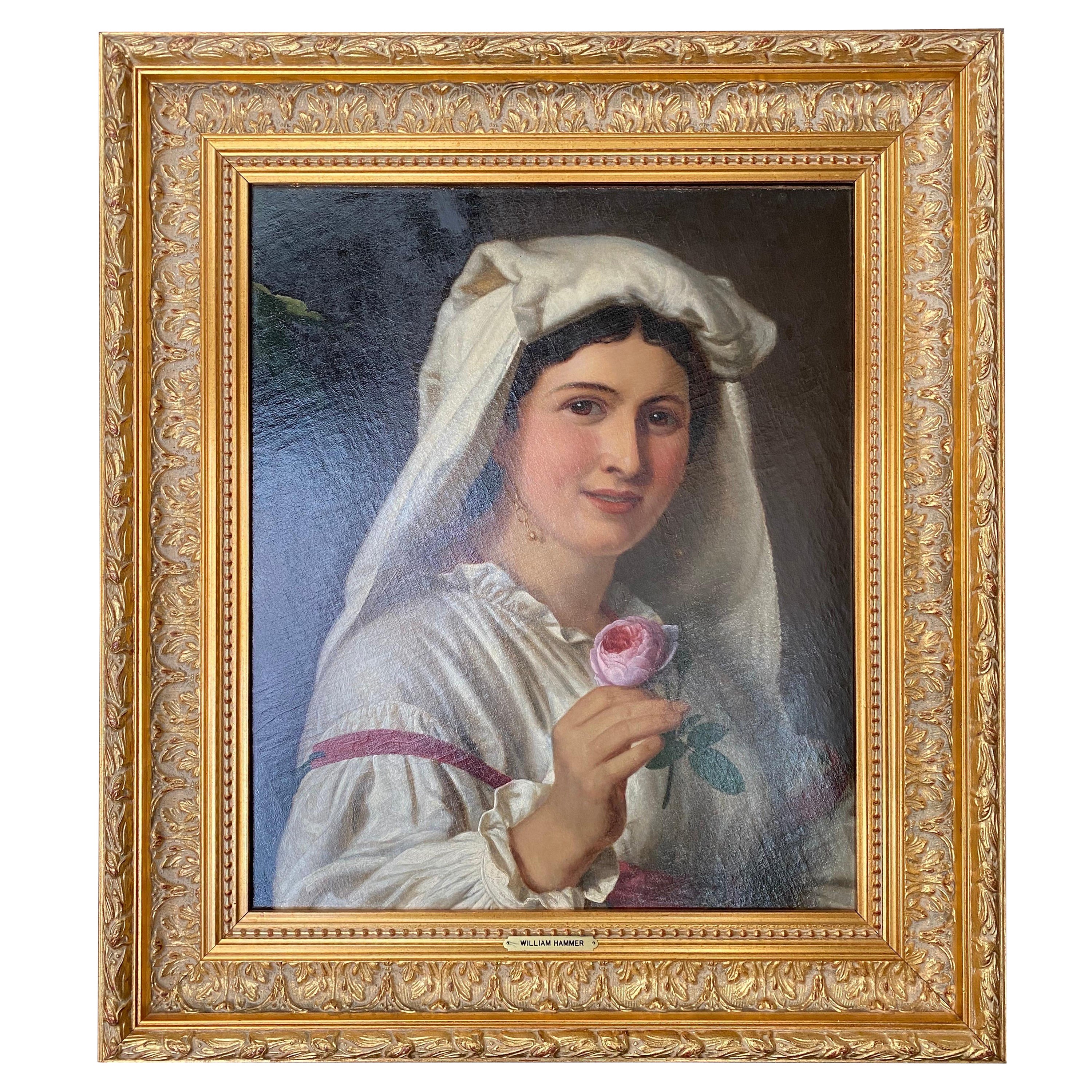 Antique English Oil/Canvas of a Young Girl Holding a Rose After William Hammer For Sale