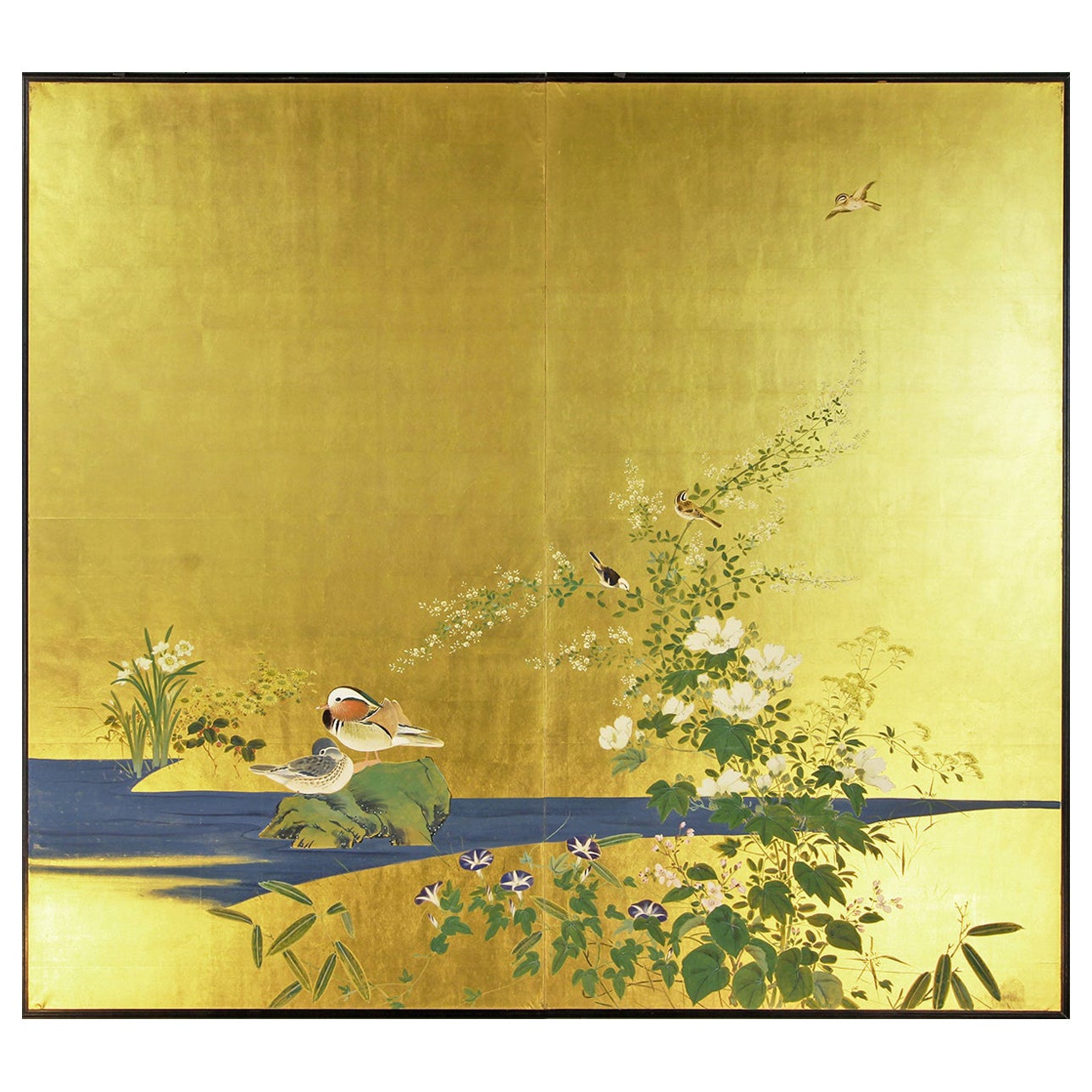 Japanese Screen of Spring on Gold Leaf For Sale