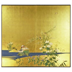 Antique Japanese Screen of Spring on Gold Leaf