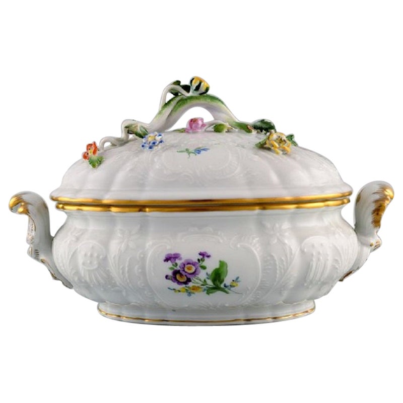 Soupière à couvercle en porcelaine de Meissen avec fleurs peintes à la main et bordure dorée