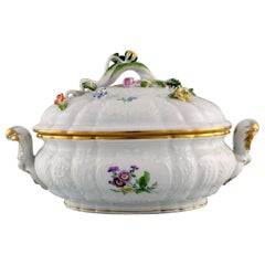 Meissen Porcelain Lidded Tureen with Hand-Painted Flowers and Gold Edge