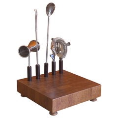 Retro Modernist Handcrafted Stainless Steel & Teak Cocktail Bar Tool Set by Atapco