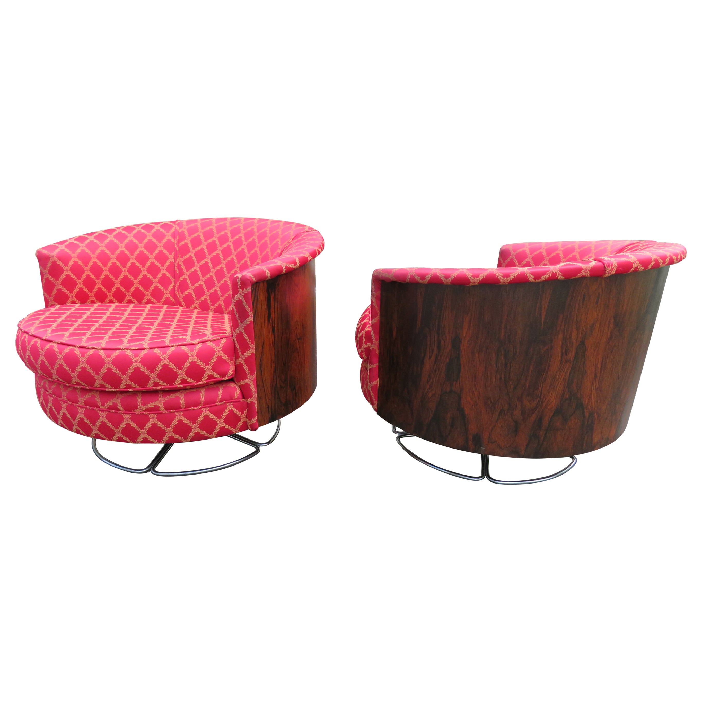 Magnifique paire de fauteuils pivotants en bois de rose de style Milo Baughman, milieu du siècle dernier