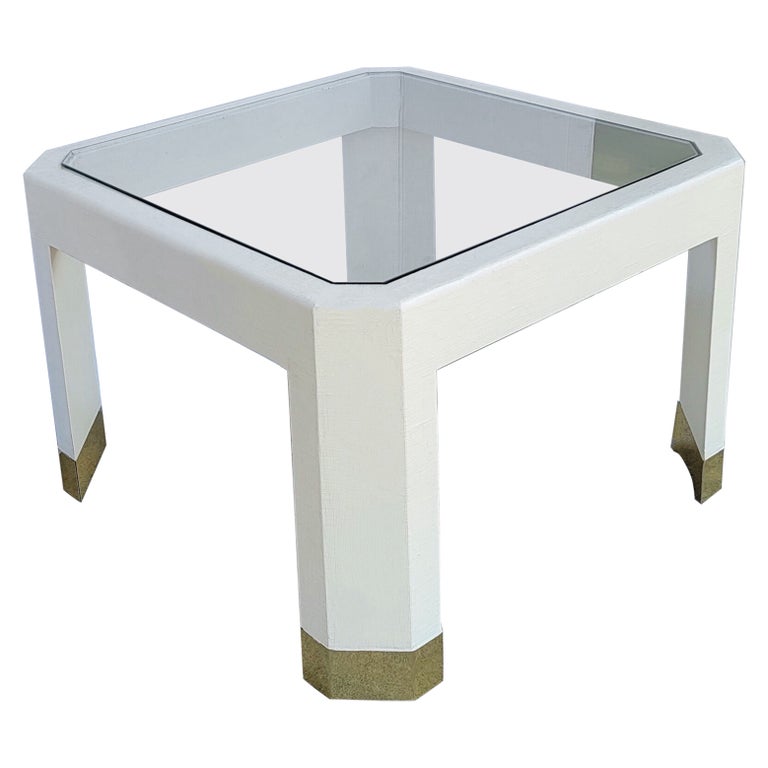 1970s Modern Karl Springer Style Embossed in Raffia Glass Top Coffee