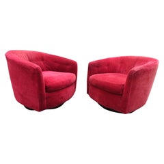 Retro Fantastic Pair Milo Baughman Style Swivel Rocker Barrel Back Lounge Chairs Selig