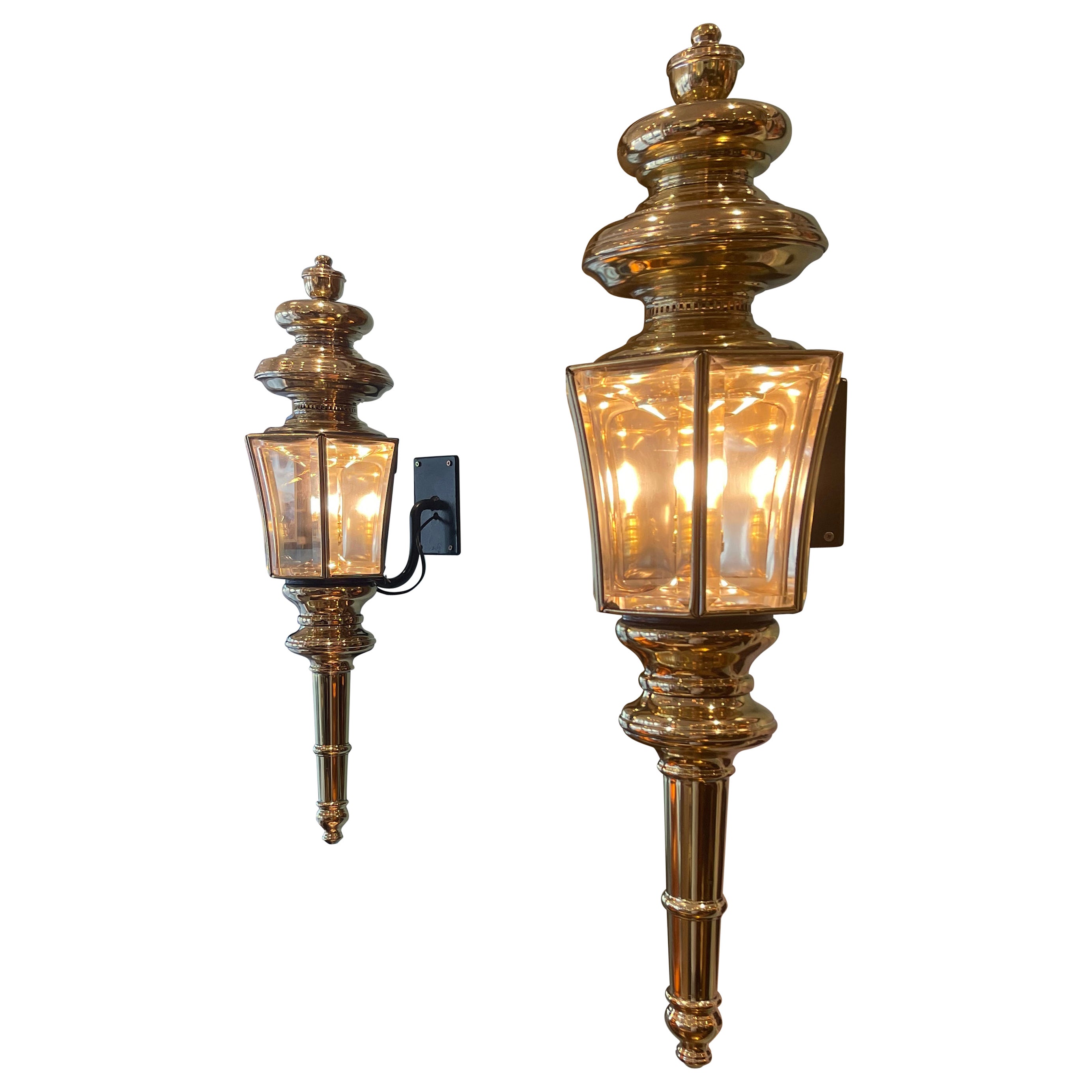 Pair of 6 Sided Beveled Glass Coach Lamps Late 19th Century For Sale