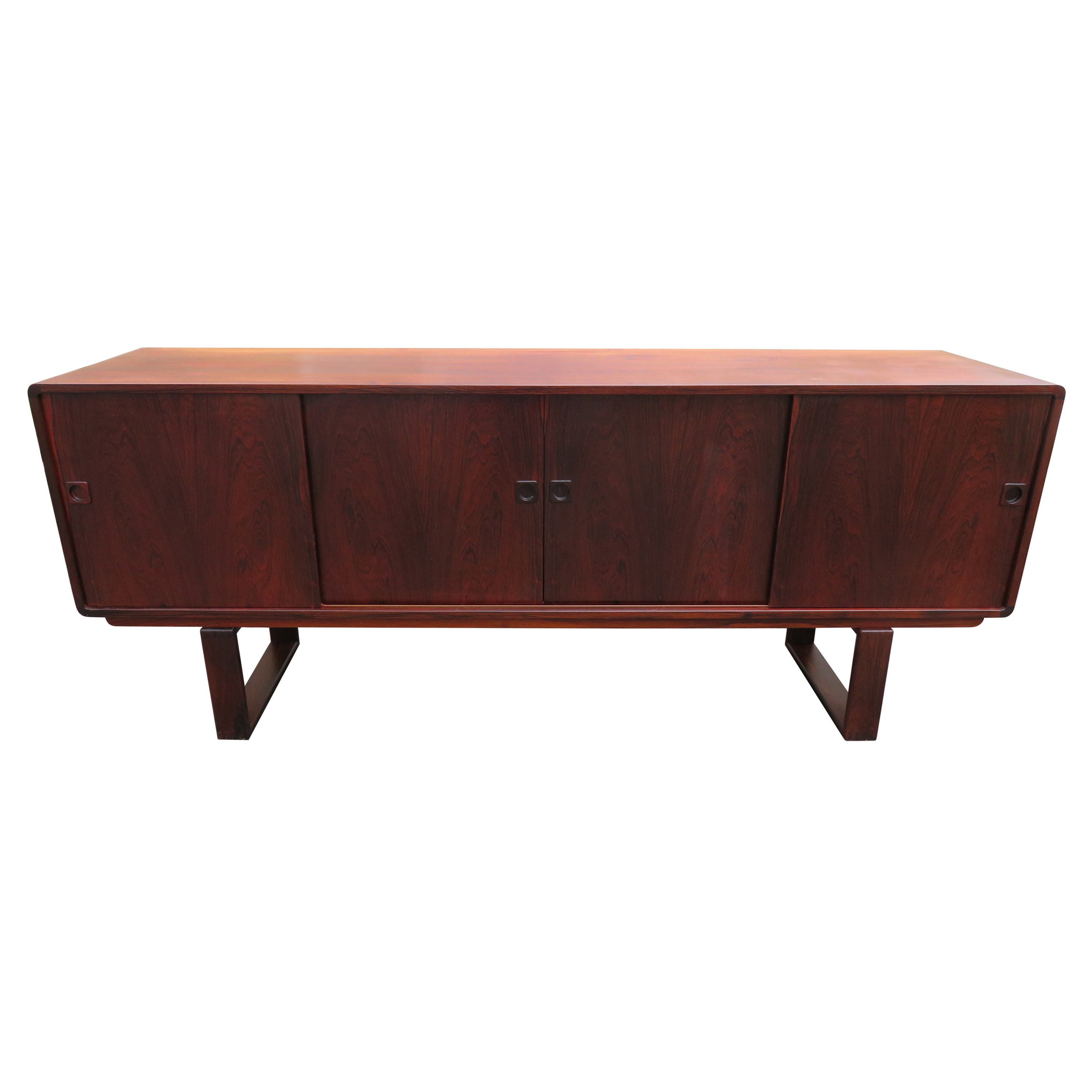 Handsome Dyrlund Danish Rosewood Credenza / Sideboard with Sled Legs For Sale