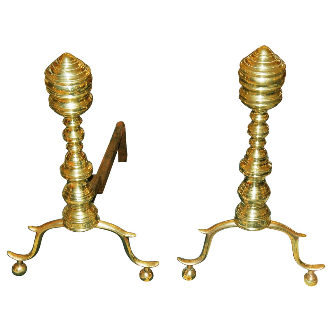 American Early 19th Century Empire Seamed Brass Andirons