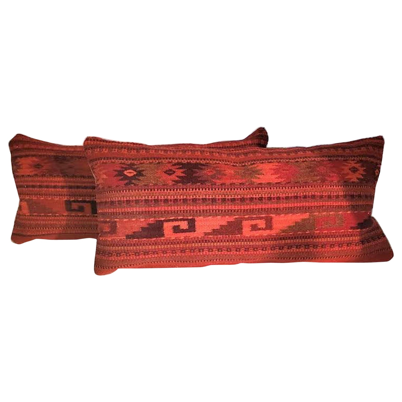 Red Mexican Indian Weaving Bolster Pillows - Pair