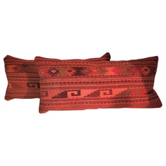 Used Red Mexican Indian Weaving Bolster Pillows - Pair