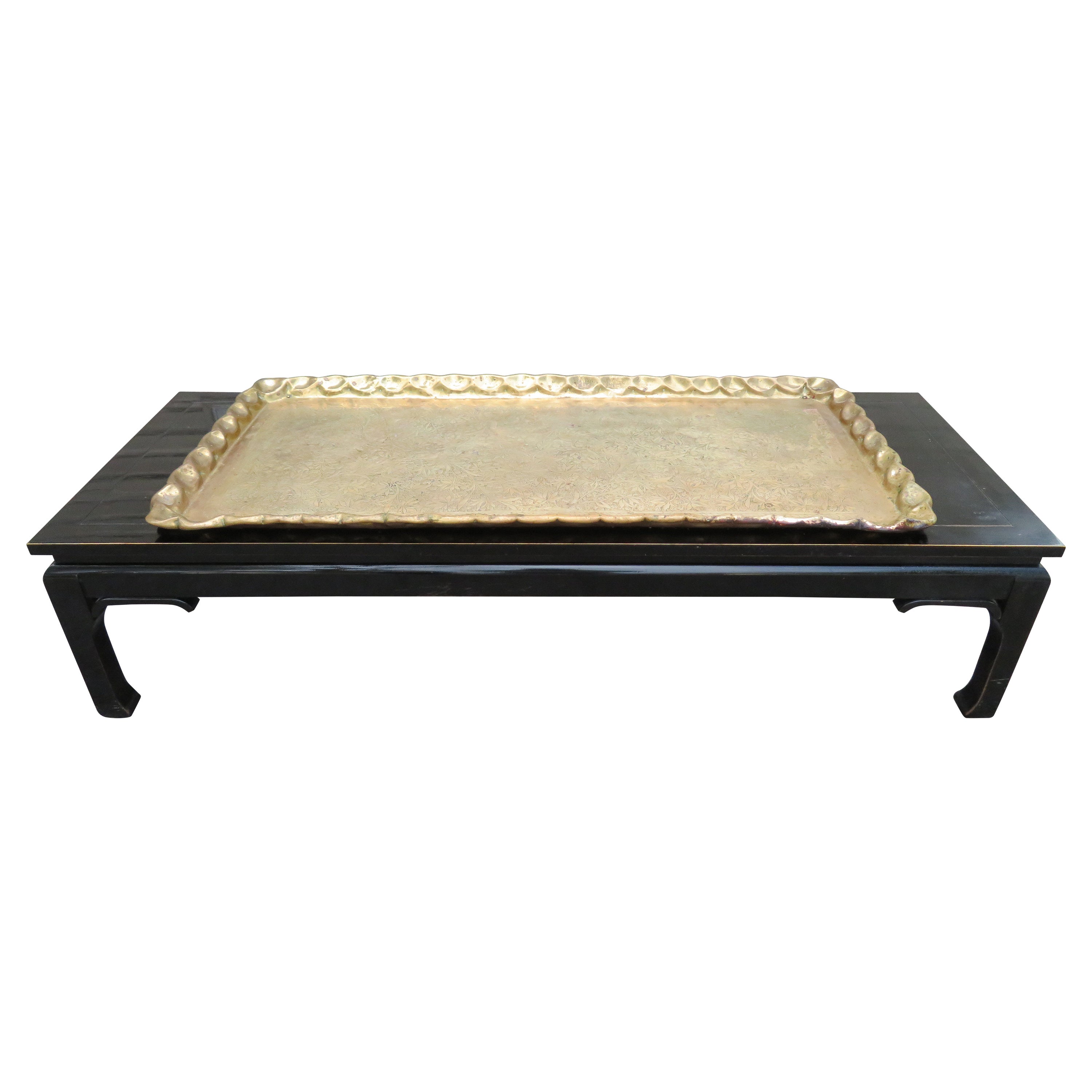 Boho Chic Asian Style Rectangular Coffee Table Attached Brass Tray Chinoiserie
