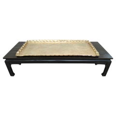 Vintage Boho Chic Asian Style Rectangular Coffee Table Attached Brass Tray Chinoiserie