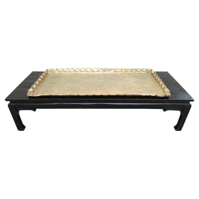 Boho Chic Asian Style Rectangular Coffee Table Attached Brass Tray