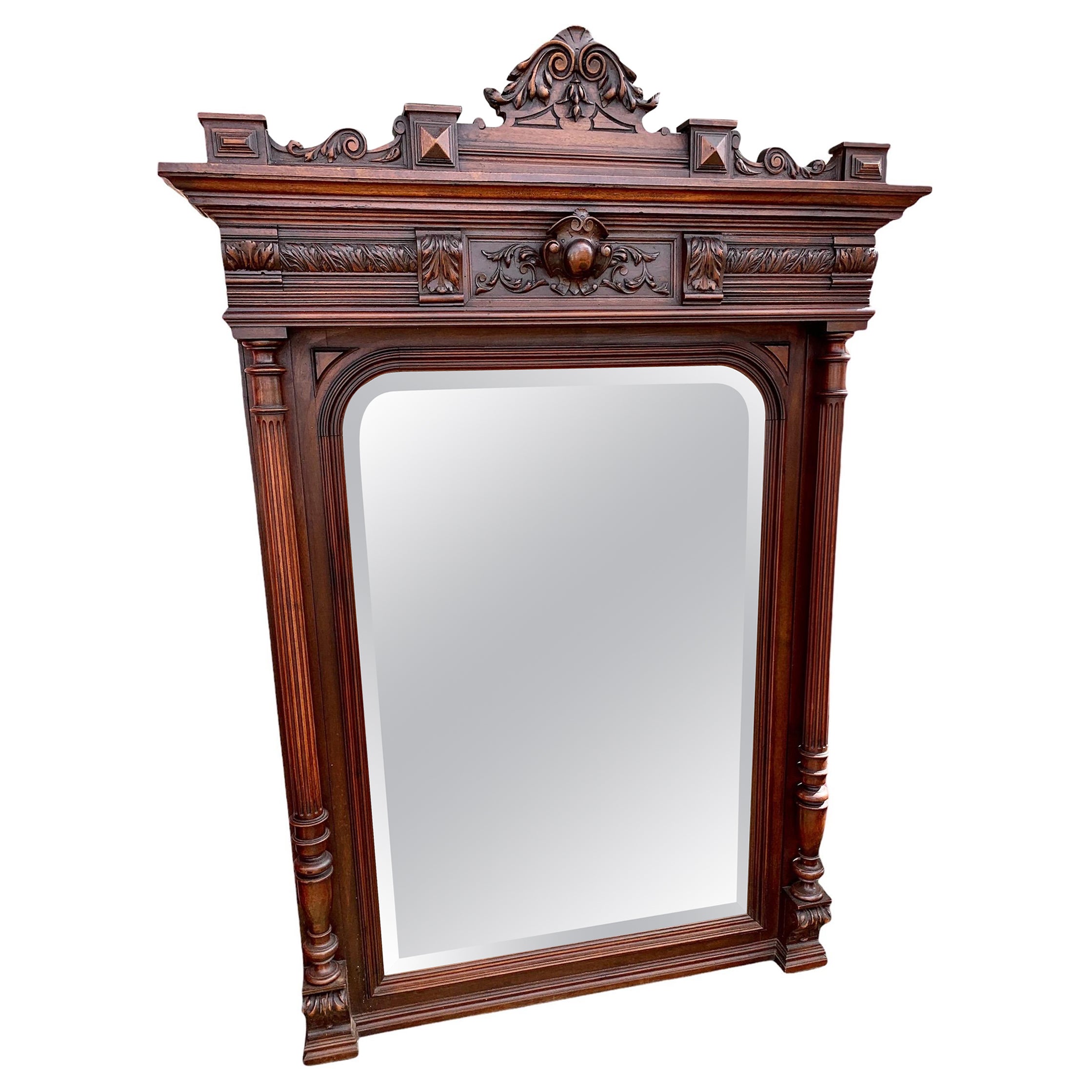 19th Century Carved Walnut French Renaissance Revival Over Mantle Mirror