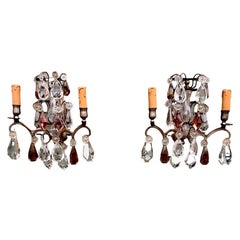 Pair of Antique French Cut Lead Crystal & Silvered Bronze Wall Sconces