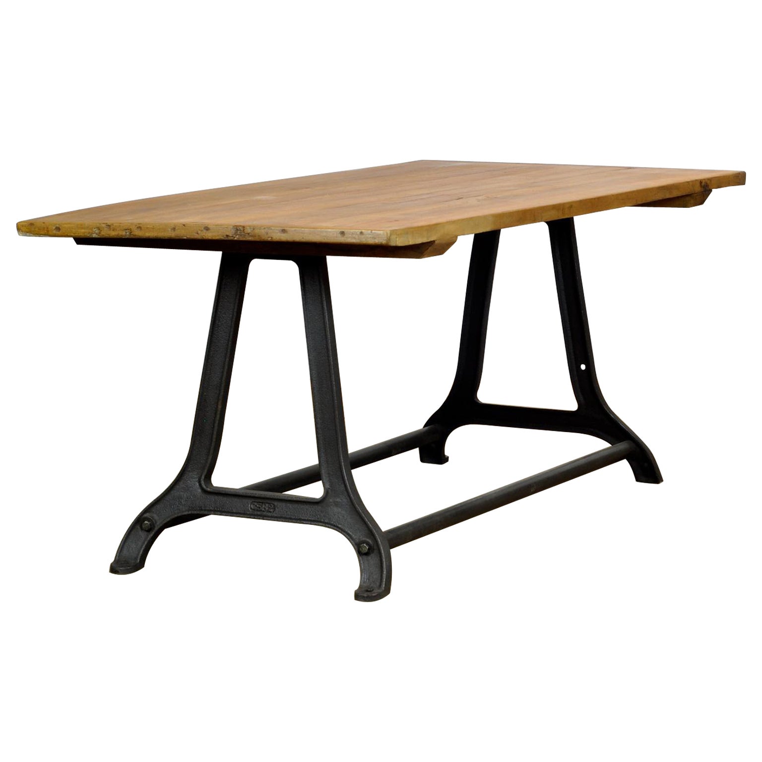 Cast Iron Industrial Table with an Old Pine Top For Sale