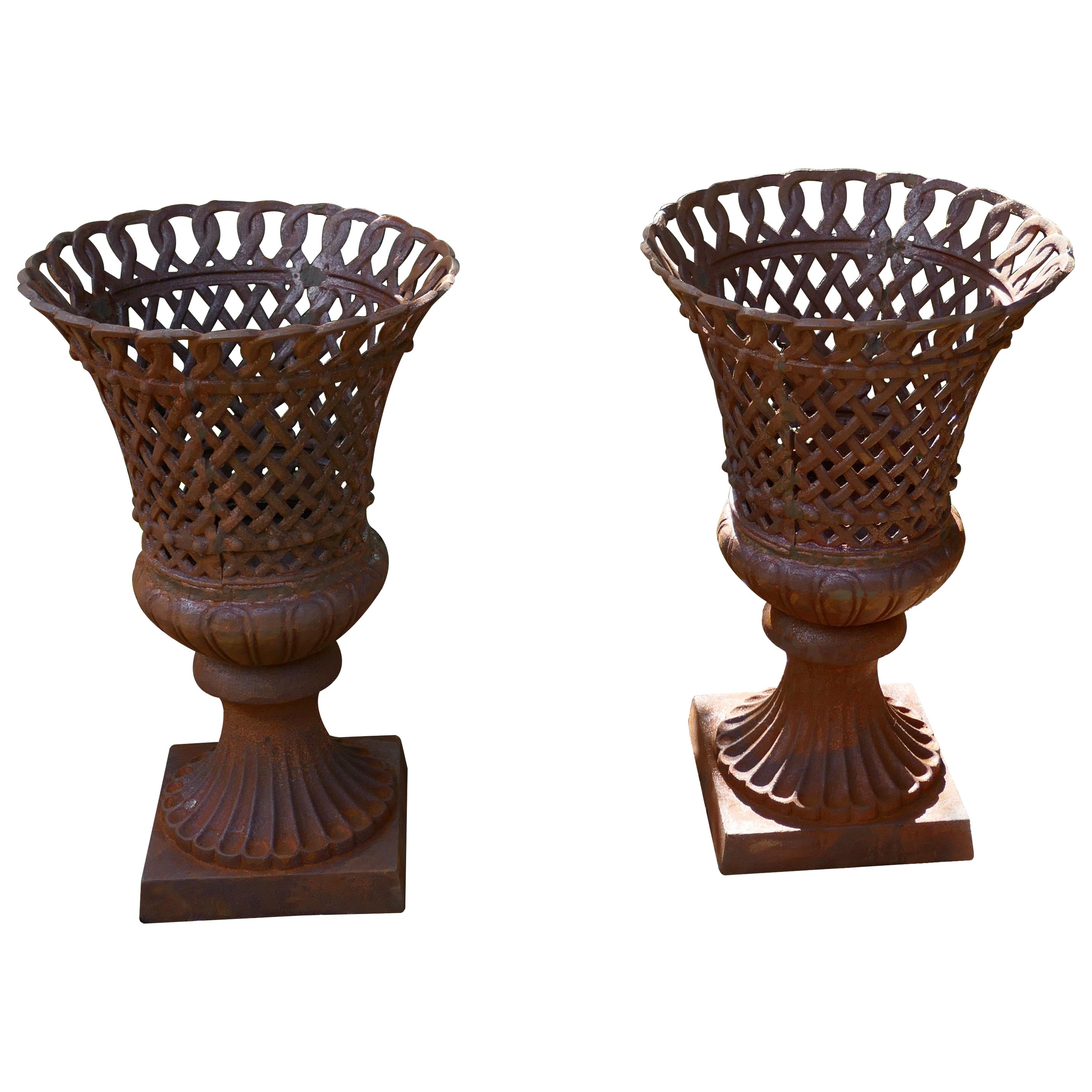  Unusual Pair of Lattice Work Cast Iron Garden Urns