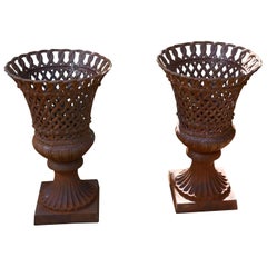 Unusual Pair of Lattice Work Cast Iron Garden Urns