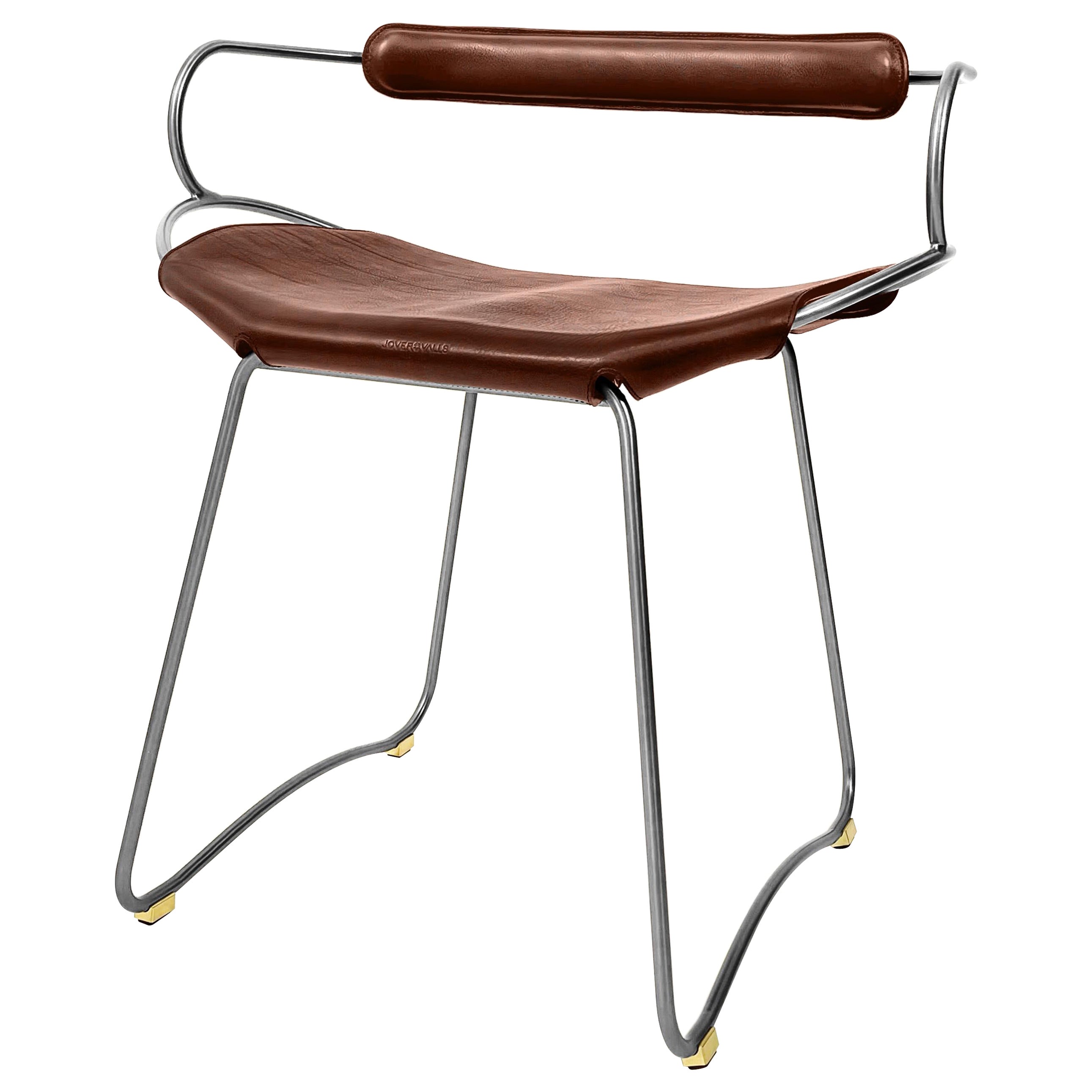 Table Height Stool W. Backrest Old Silver Metal & Dark Brown Leather Organic For Sale