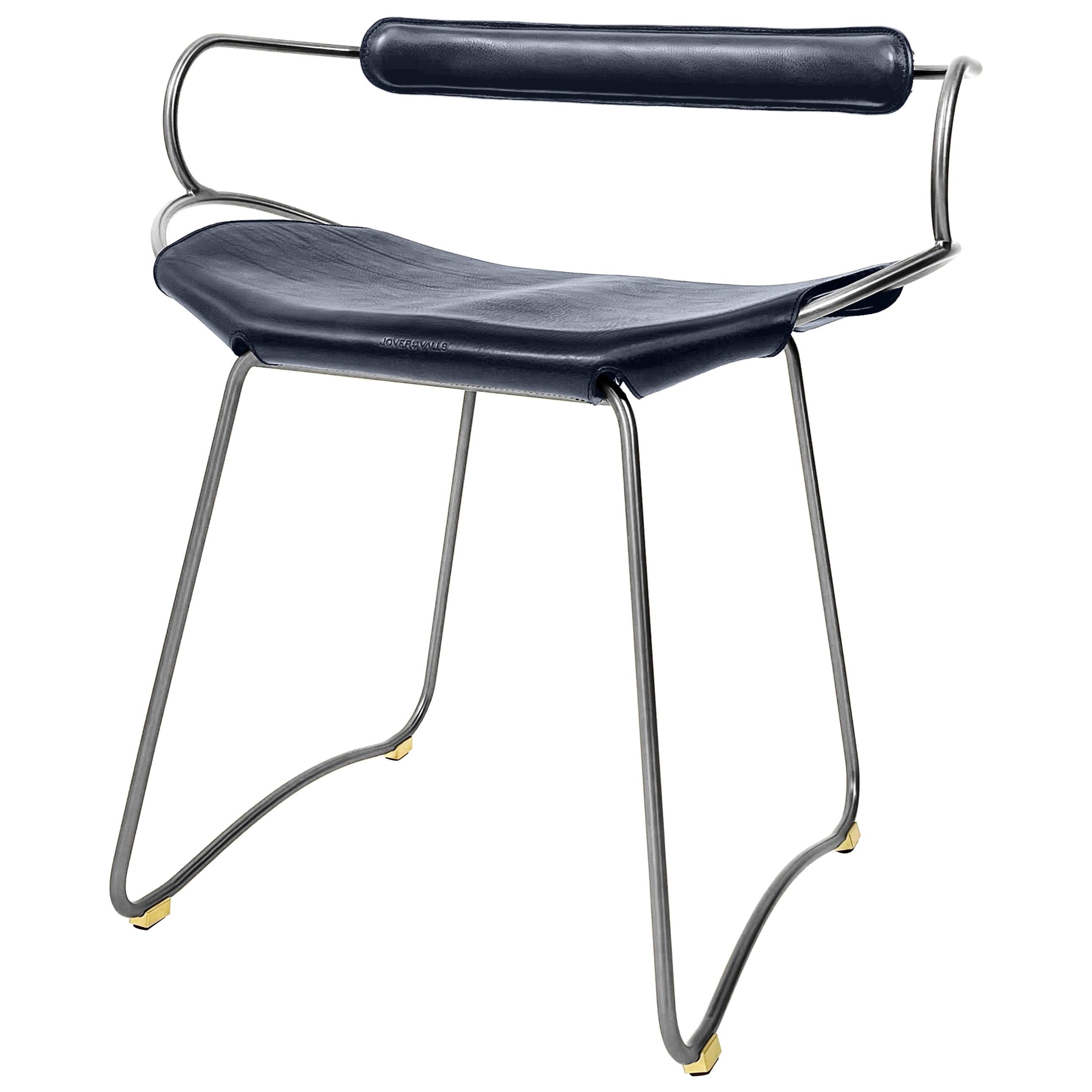 Chair / Table Height Stool w. Backrest Old Silver Steel & Navy Blue Leather For Sale
