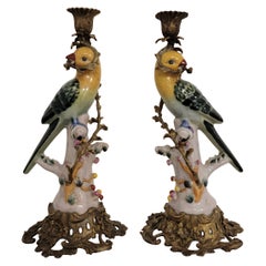 Retro 20th-C, Hand Painted Tropical Parrot Candlesticks Wrapped in Bronze Branches, P