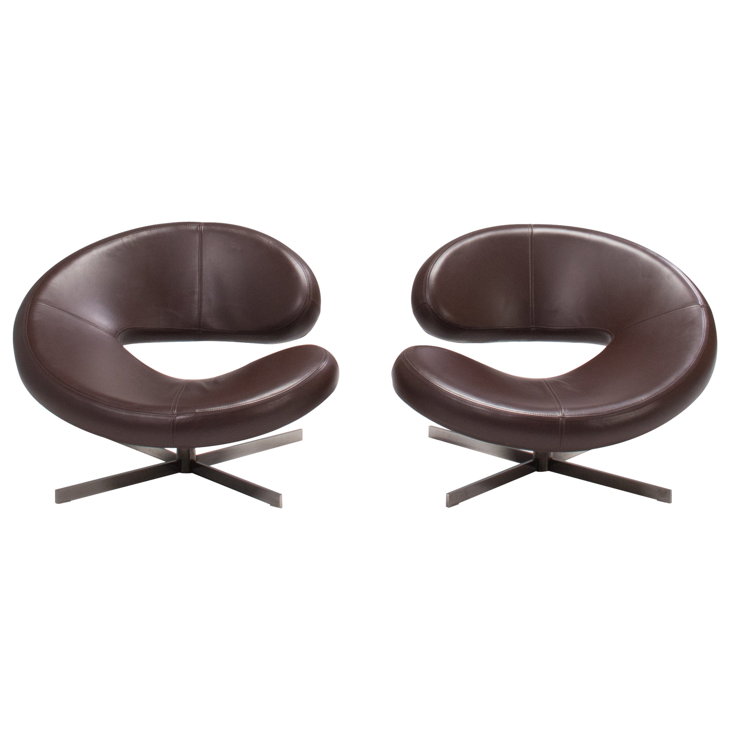 2 fauteuils en cuir marron Nuage Roche Bobois par Manzoni &amp;amp; Tapinassi, lot de 2