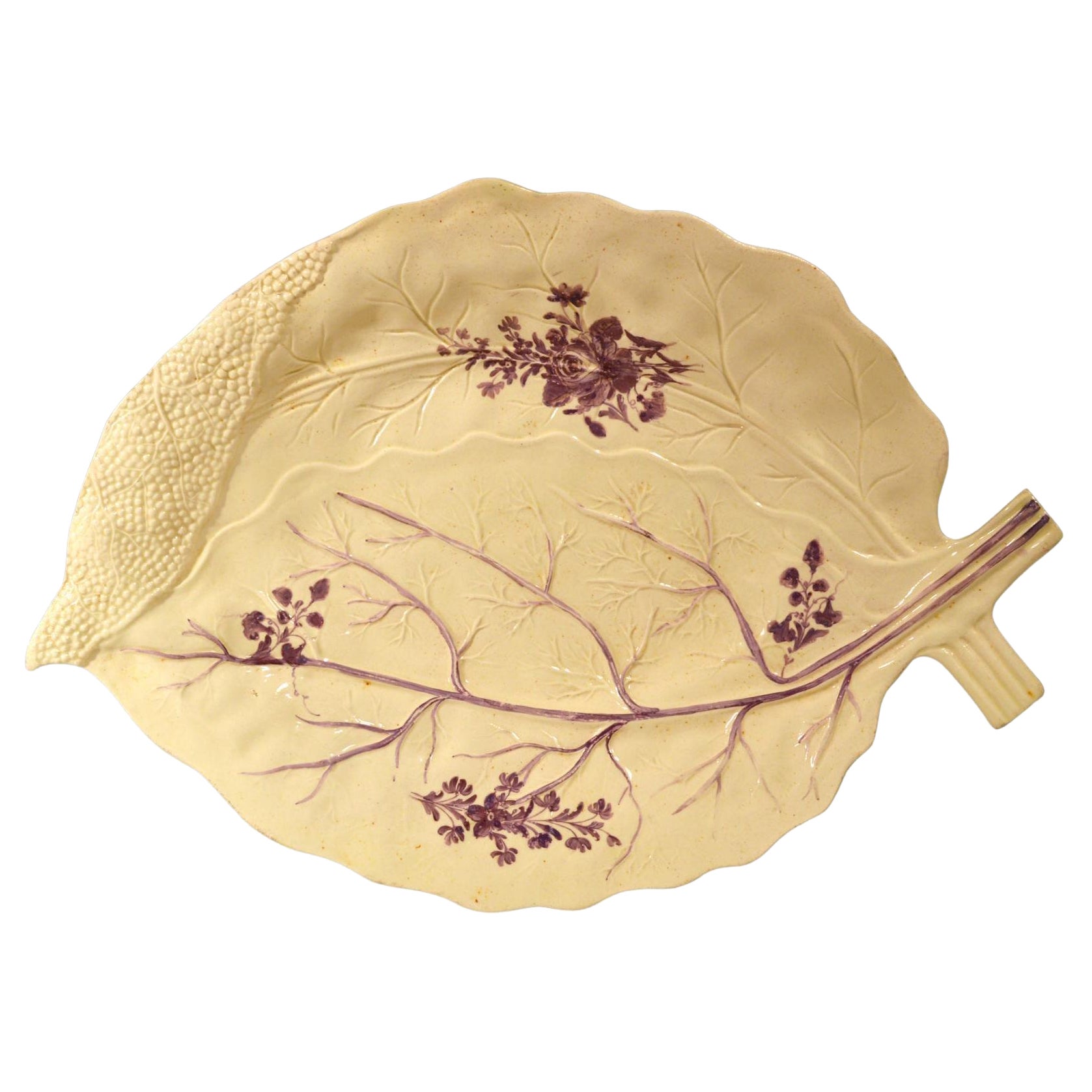 Antique English 18th-century Derbyshire Creamware Large Leaf Dish