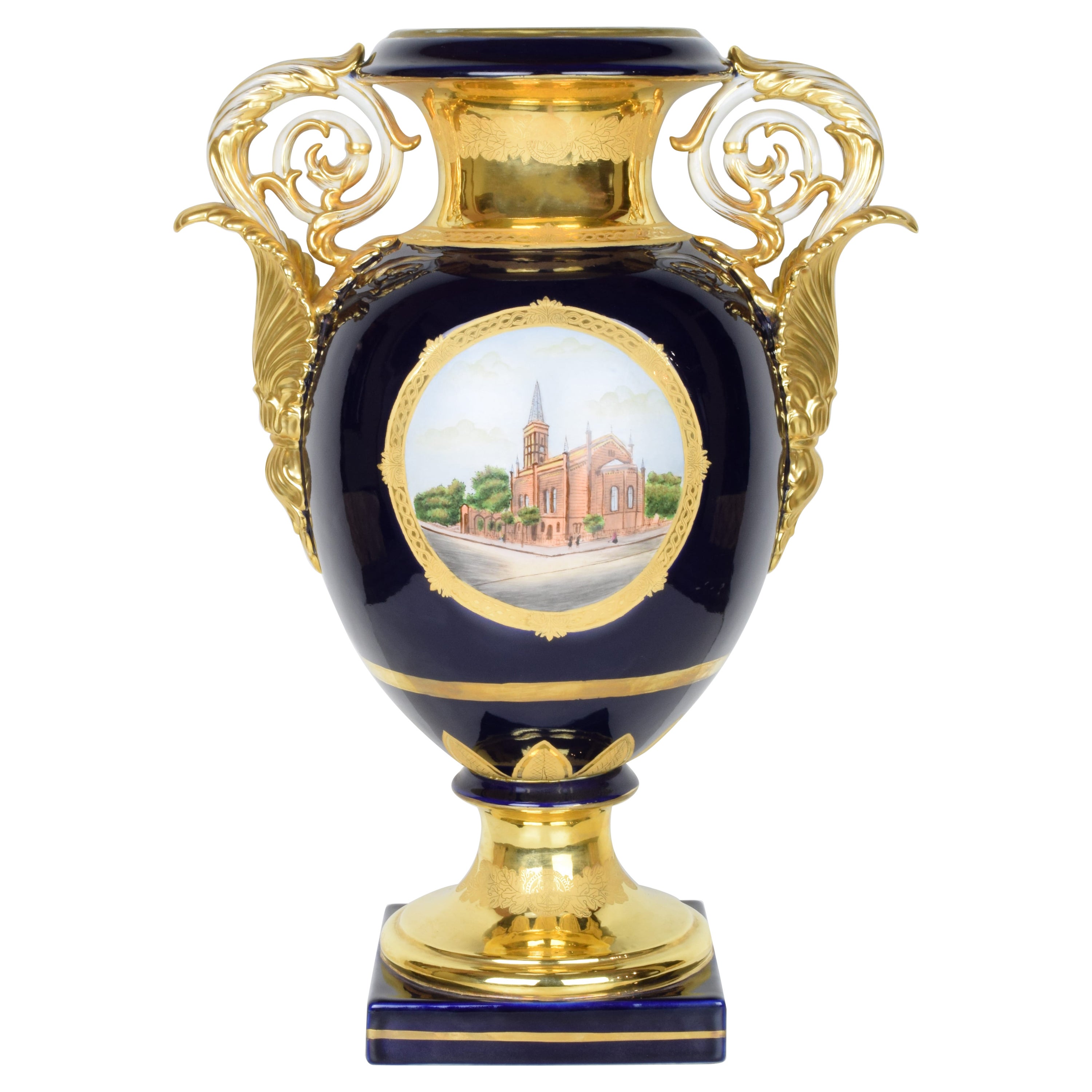 Große blaue und goldene Porzellanvase im Angebot