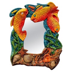 Paul Singleton Marine Life Painted Plaster Mirror, Signed, C1990s