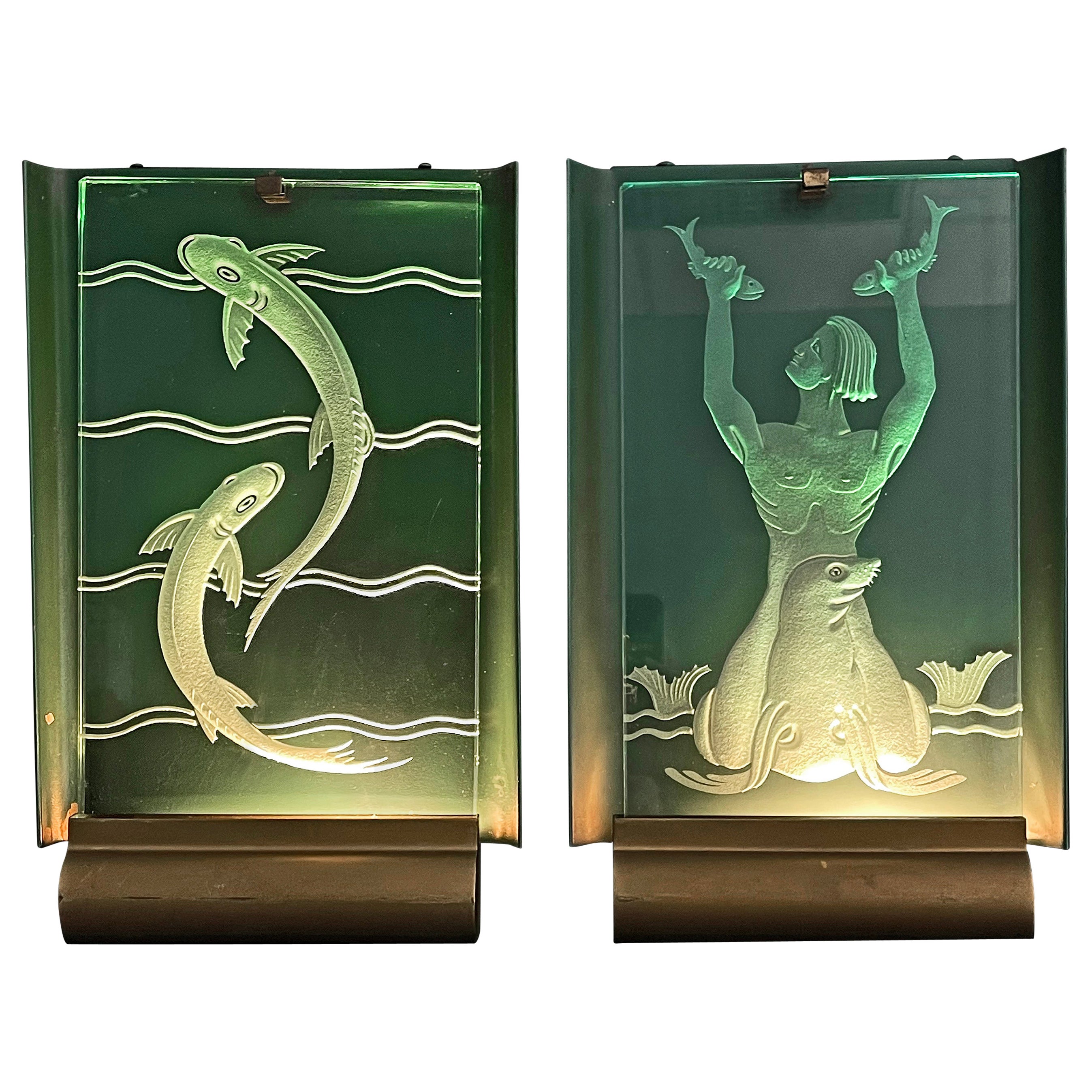 "Merman and Fish, " Rare Art Deco Illuminated Sconces, Green Metal and Cast Glass