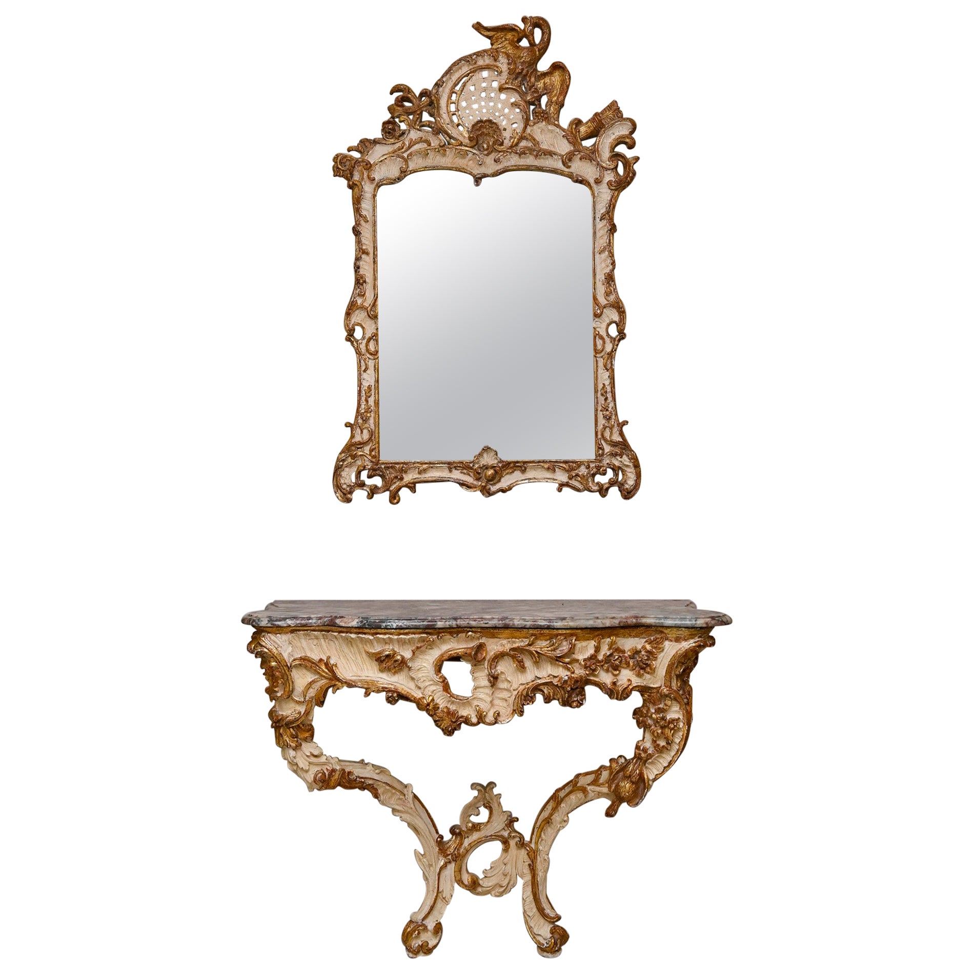 Table Console Antique Buffet Avec Miroir Style Rococo Doré 100x100x212 Cm - Neuf