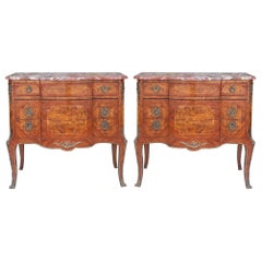 Louis XVI Style Burl Chests or Commodes W/ Bonze Mounts & Marble Tops, Pair