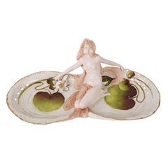 Ernst Wahliss Art Nouveau Amphora Figural Tray with Nude Maiden & Lily Pads 1905