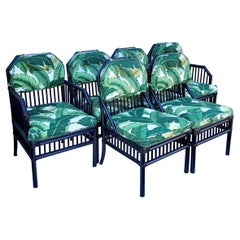 Black Ficks Reed Rattan Dining Chairs in Tropical Banana Leaf Fabric, Set of 6