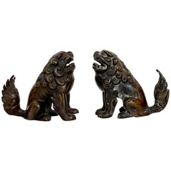 Used Early 20th-C. Asian Bronze Food Dogs or Lions Figurines, Pair