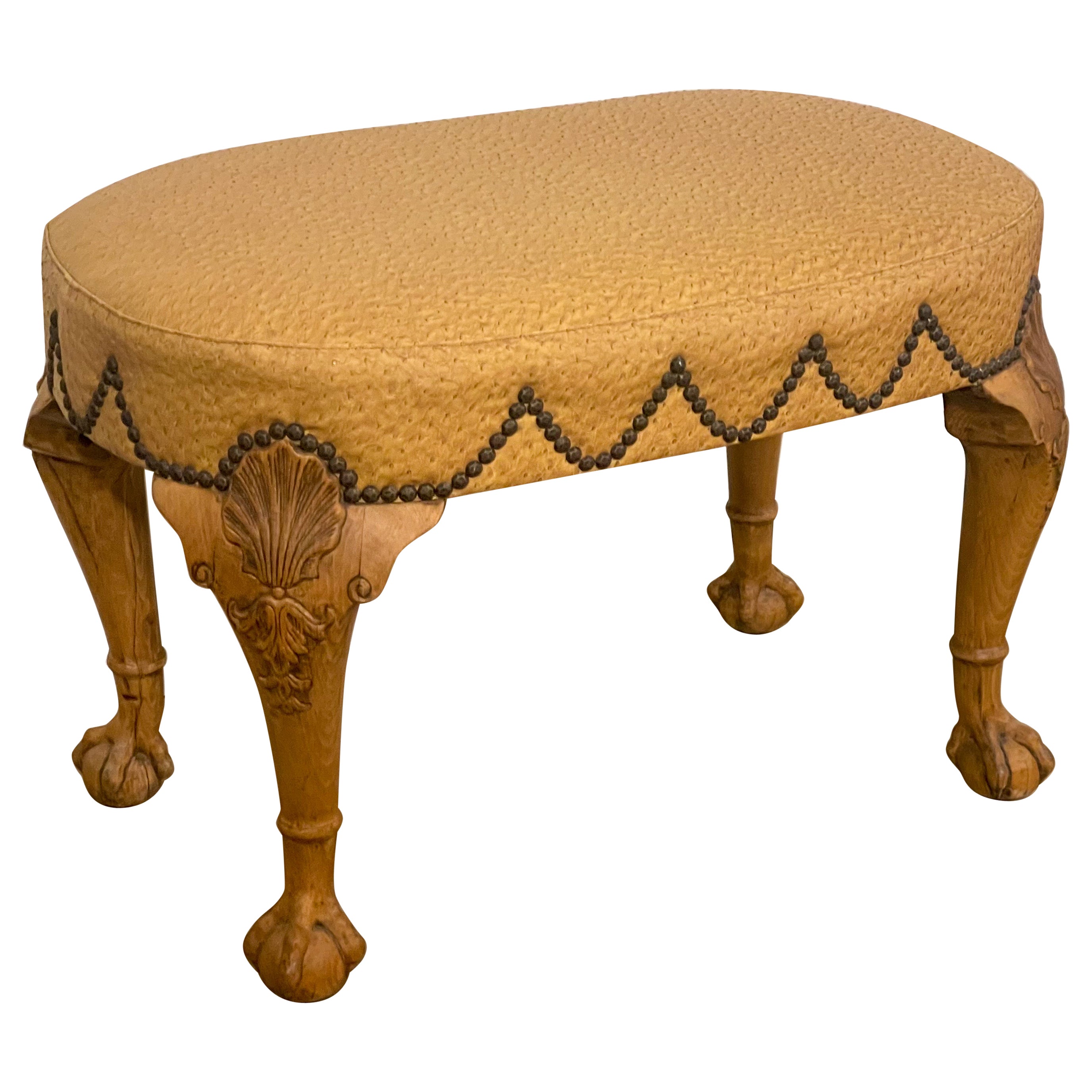 English Georgian Style Carved Fruitwood Bench / Ottoman in Ostrich Leather