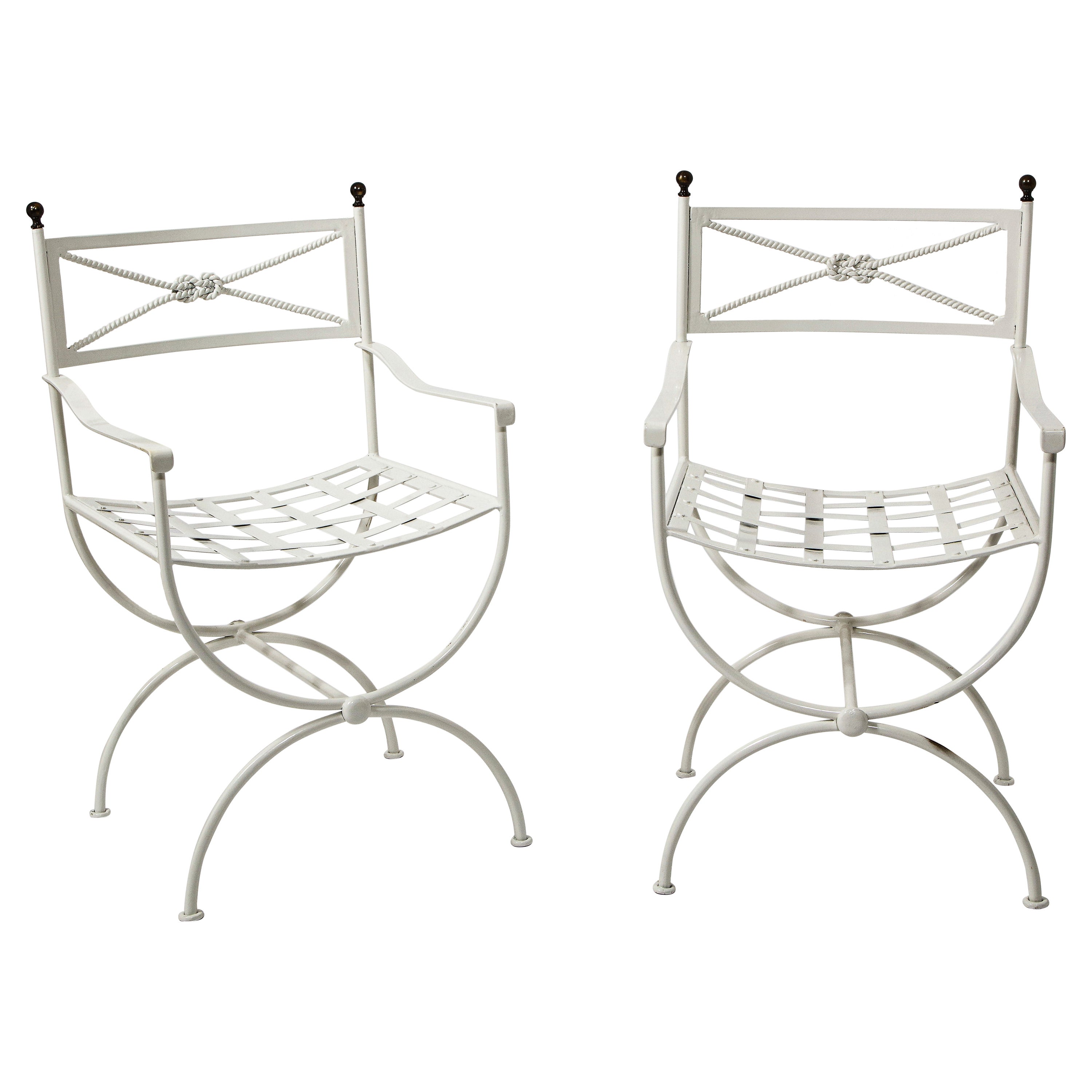 Pair of White Lacquered "Curulle" Chairs Att. Poillerat, France 1950's