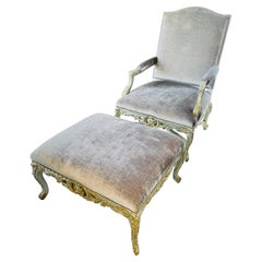 Ralph Lauren Velvet and Silver Leaf Chair with Ottoman