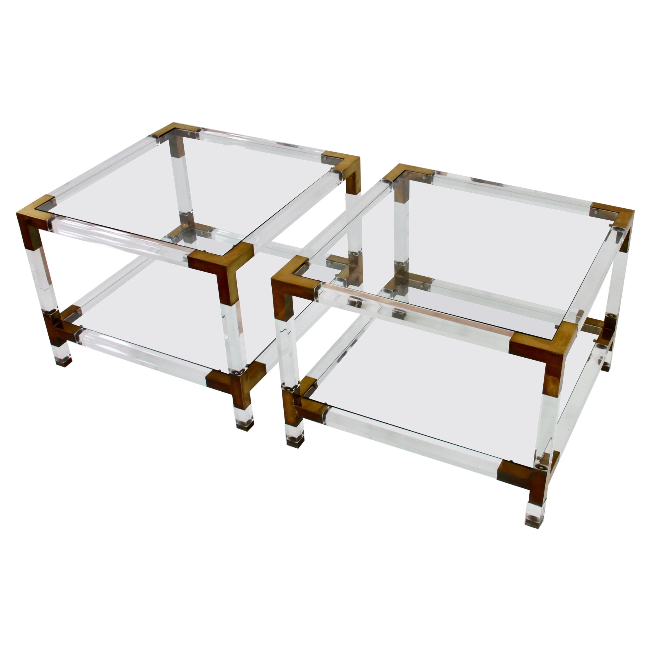 Pair of Hollis Jones Style Vintage Acrylic/Lucite Brass Side Tables, circa 1970s For Sale
