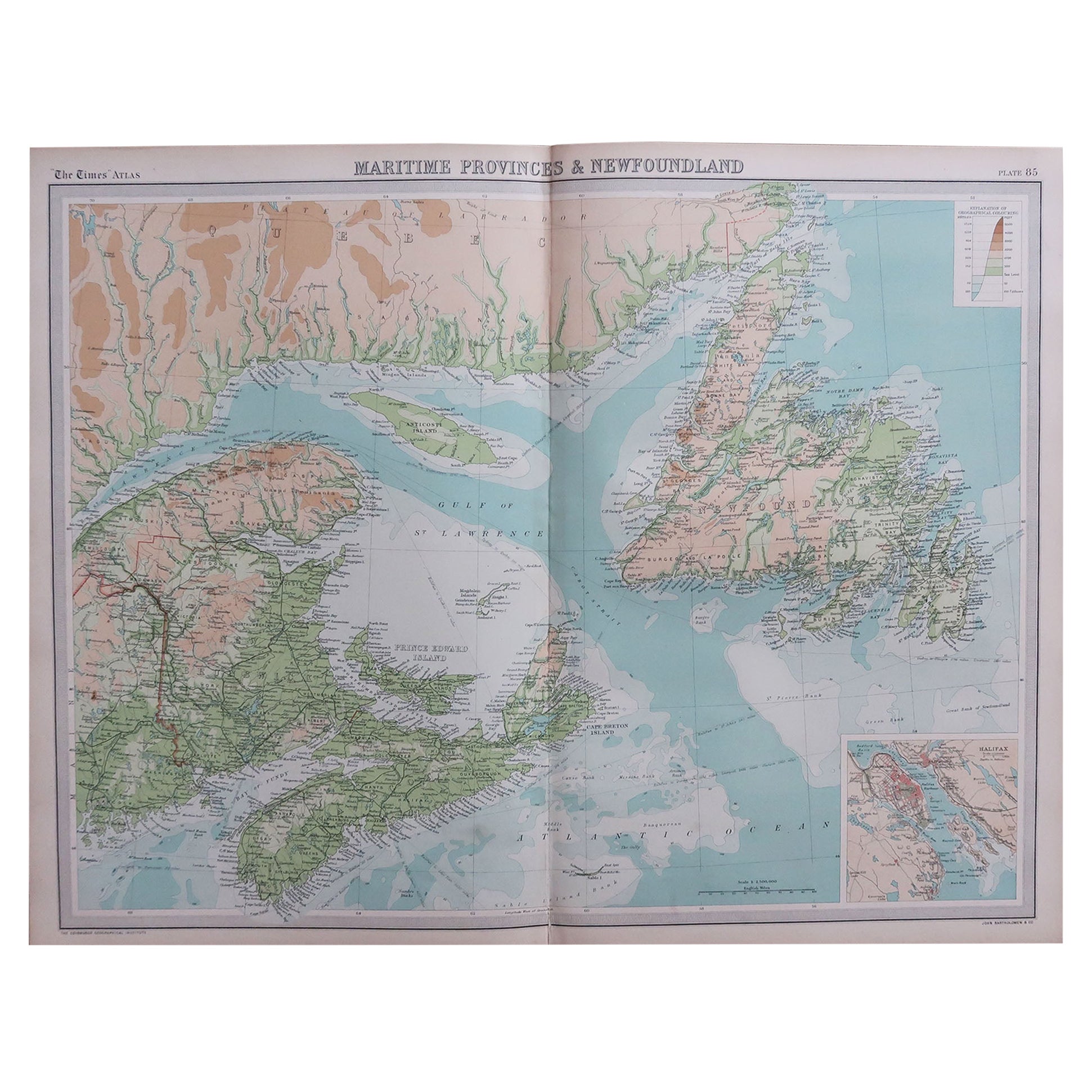 Large Original Vintage Map of the Maritimes, Canada, circa 1920 For Sale