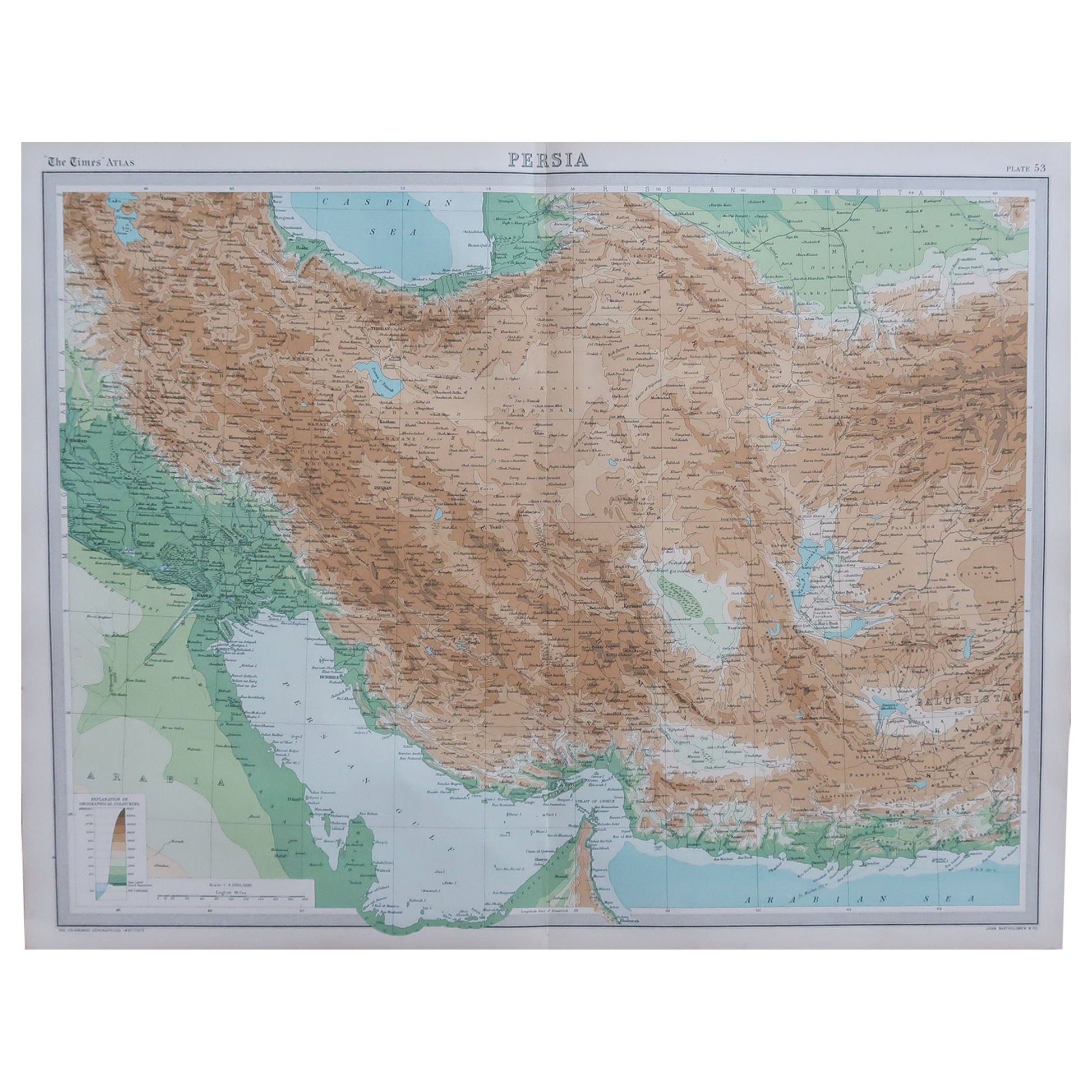 Large Original Vintage Map of Persia / Iran, circa 1920 For Sale