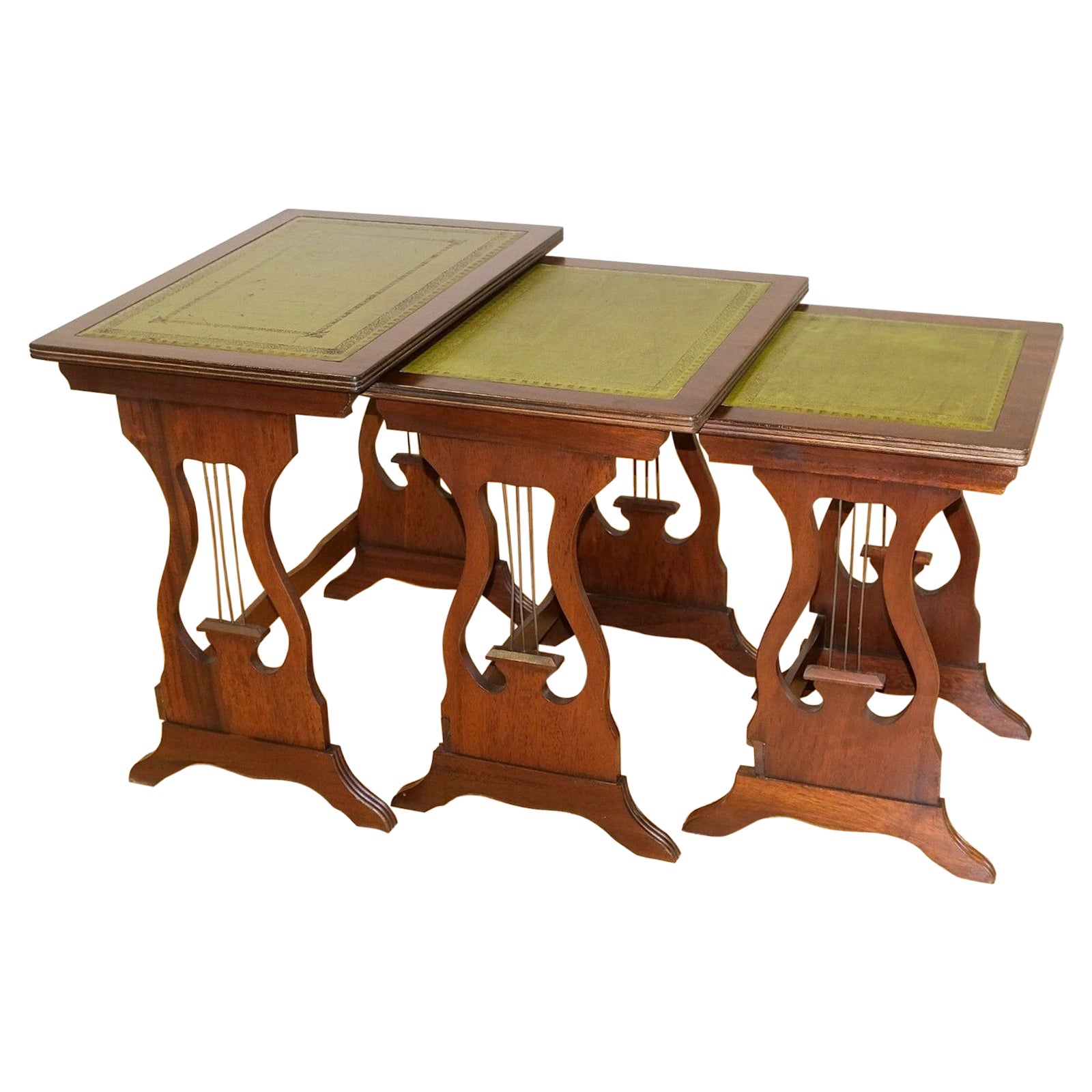 Lovely Hardwood Nest of Tables Green Leather Top with Harp Shape Support Sides For Sale