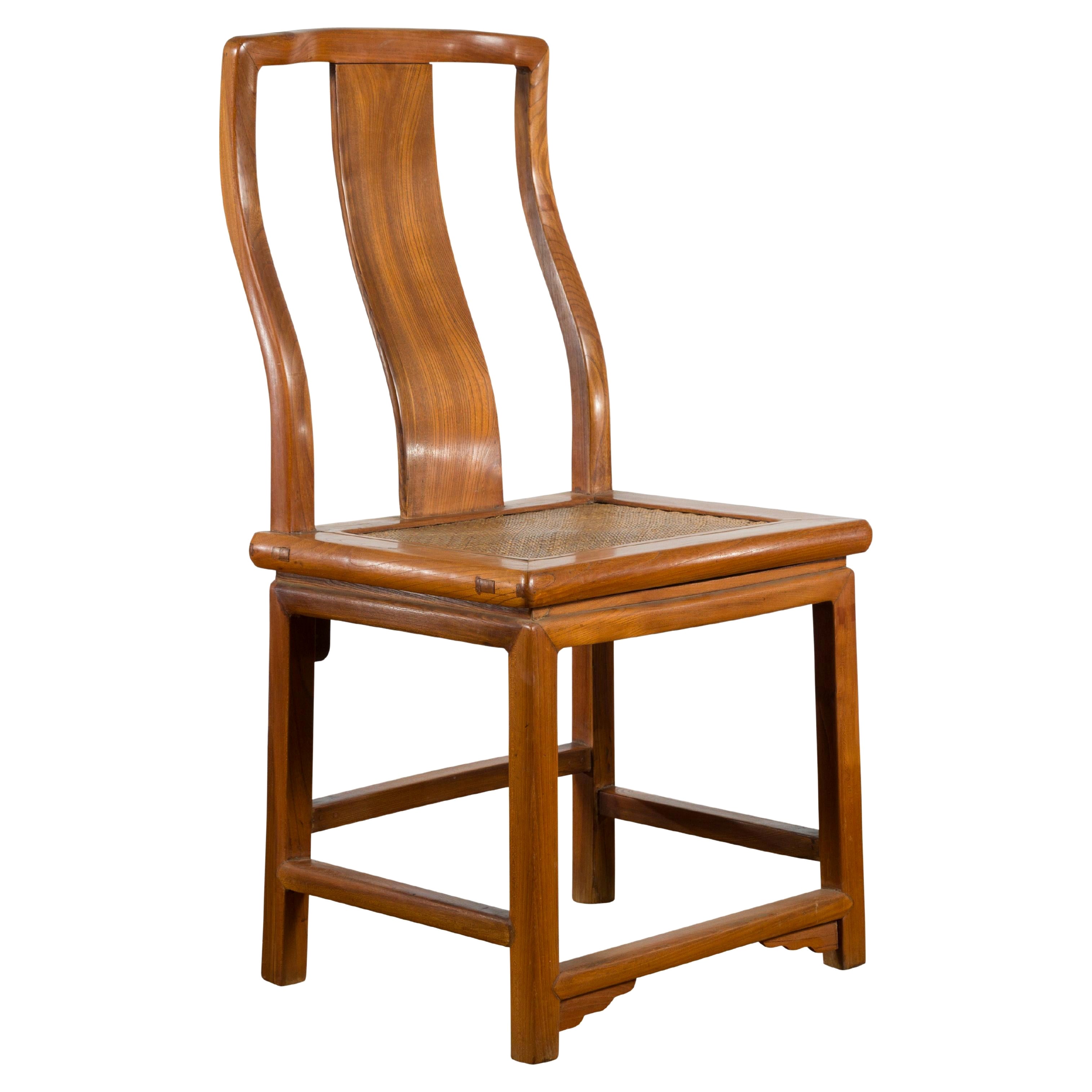 Early 20th Century Carved Elmwood Side Chair with Rattan Seat